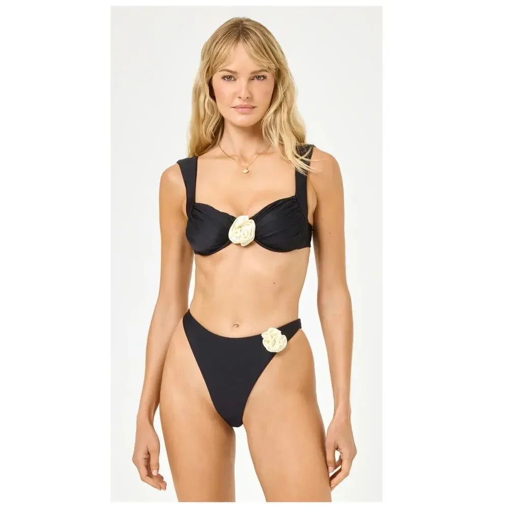 L Space Leilani Rose Appliqué High Cut Bikini Bottoms Size XS